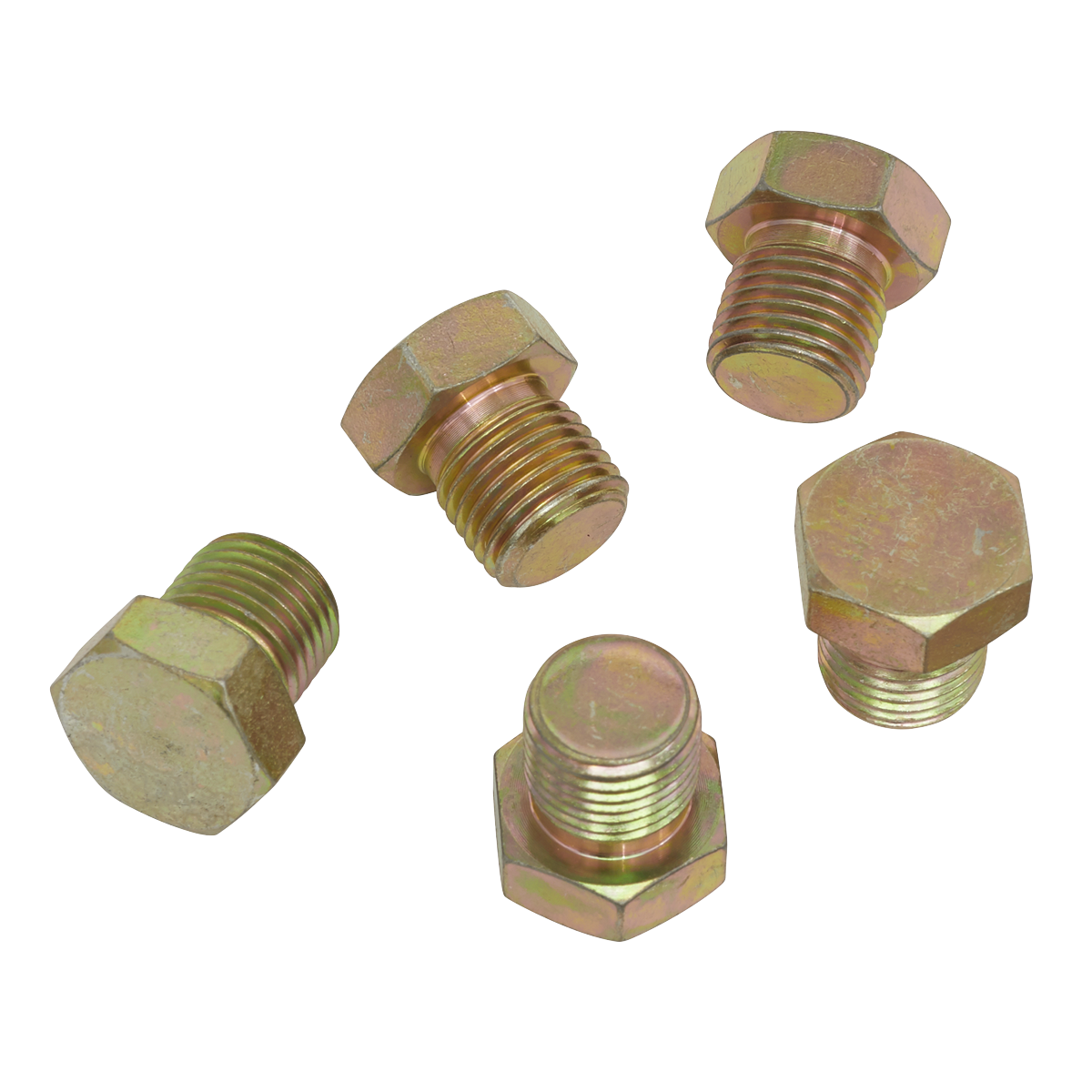 Five hexagonal bolts from Sealey, including an M15 sump plug, are arranged in a scattered pattern on a white background.