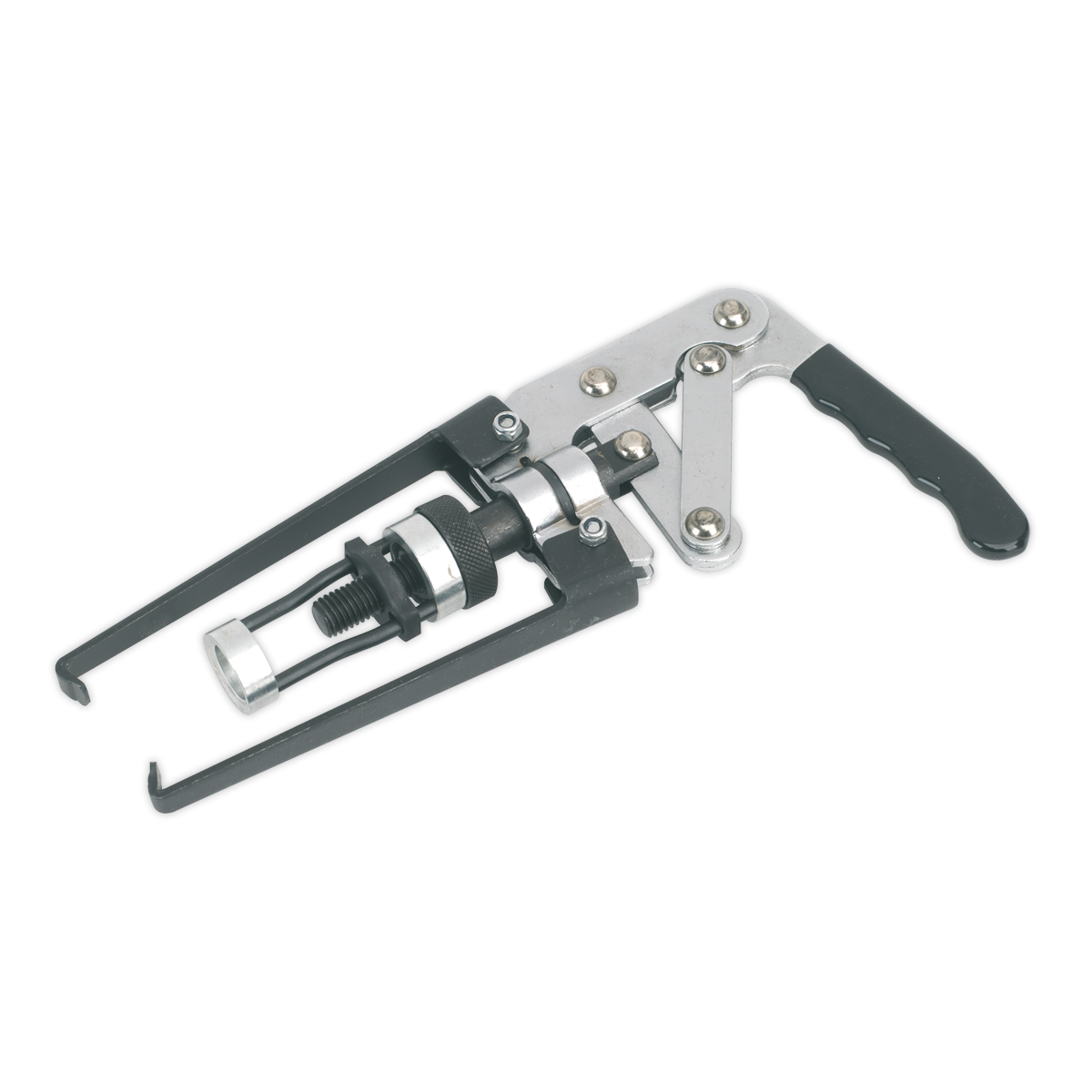 The Sealey Valve Spring Compressor OHV - VS160 is a metal mechanical tool with a handle and adjustable components, designed for use in pulling or extracting during valve spring replacement.