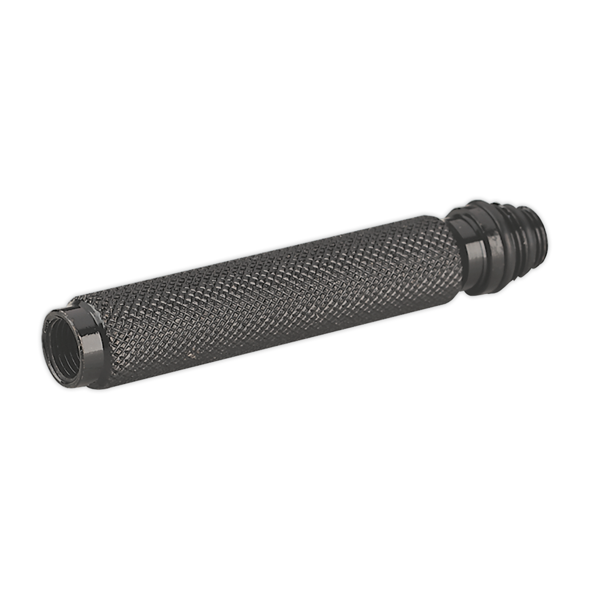 A cylindrical, textured black metal tube with threaded ends, known as the Compressed Air Adaptor Use with VS160 - VS1601 by Sealey, possibly serving as a cylinder pressure component for a mechanical or industrial device.