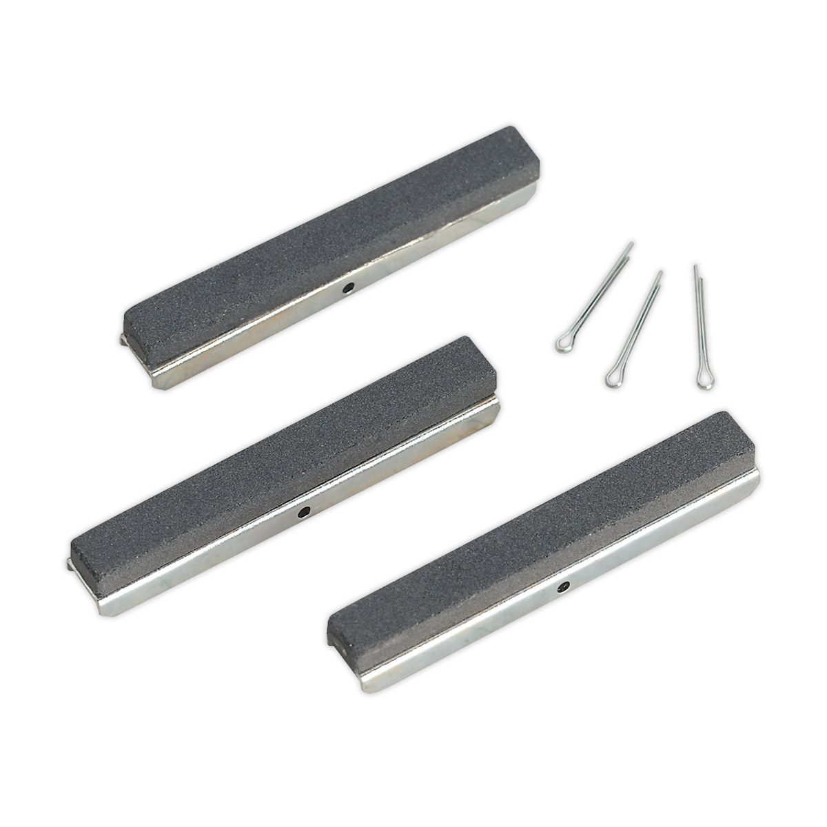 The image features a Sealey Stone 75mm Medium for VS162 Pack of 3 (VS1621) set with two metal pins beside the three rectangular sharpening stones, ideal for glaze breaking or various sharpening tasks.