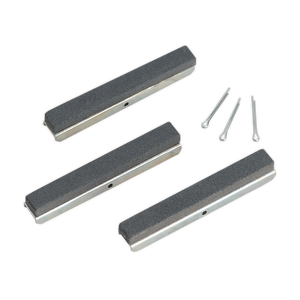 The image features a Sealey Stone 75mm Medium for VS162 Pack of 3 (VS1621) set with two metal pins beside the three rectangular sharpening stones, ideal for glaze breaking or various sharpening tasks.