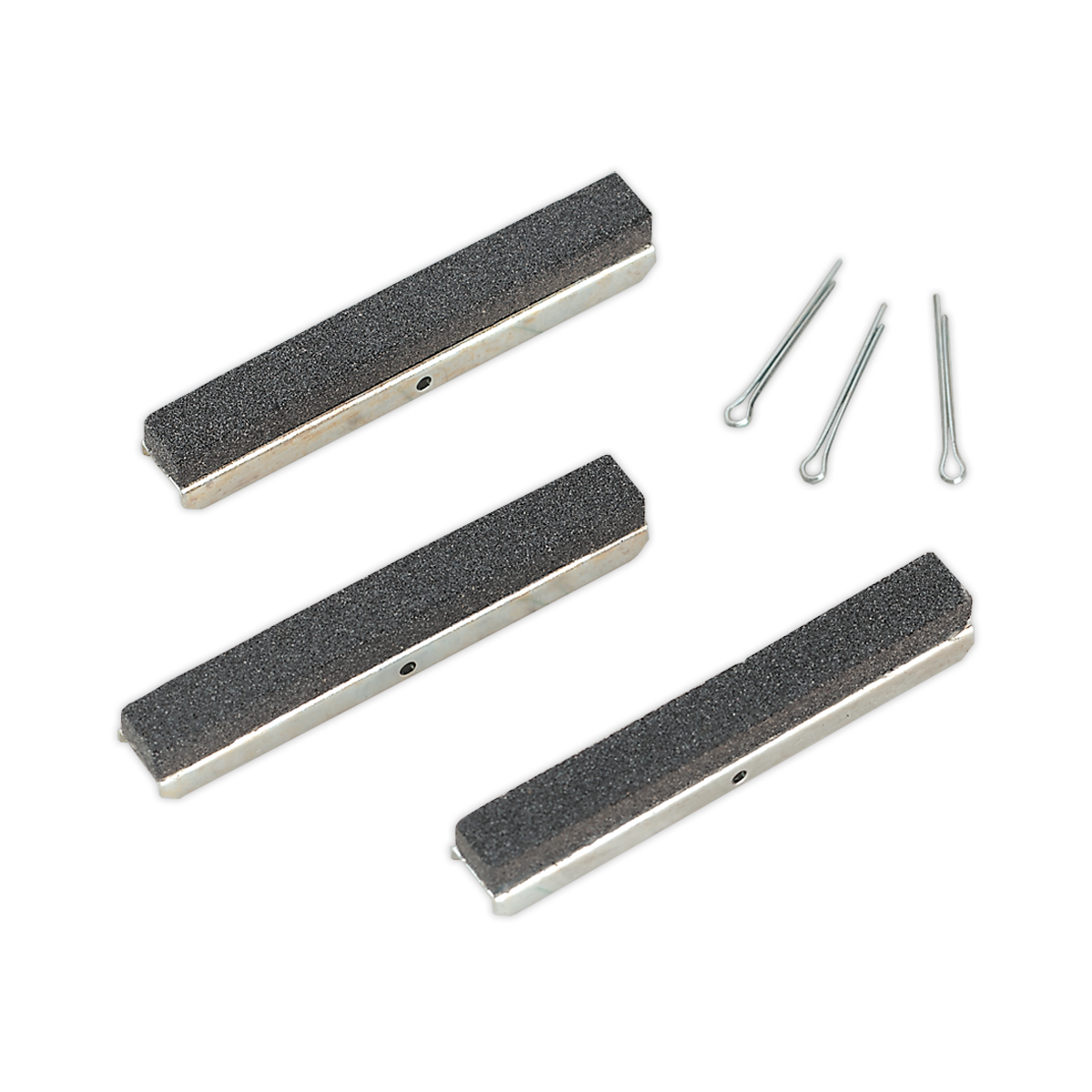 A Sealey VS1622 set, branded as Stone 75mm Coarse for VS162 Pack of 3, featuring three rectangular sharpening stones and three metal cotter pins is arranged on a white background.