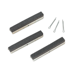 A Sealey VS1622 set, branded as Stone 75mm Coarse for VS162 Pack of 3, featuring three rectangular sharpening stones and three metal cotter pins is arranged on a white background.