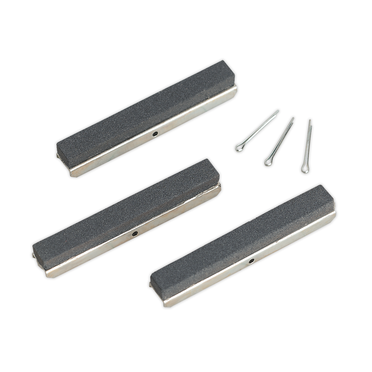 Three Stone 75mm Fine Sealey brake pads and three cotter pins are displayed on a white background, perfect for use with a stone set like the Model VS162.