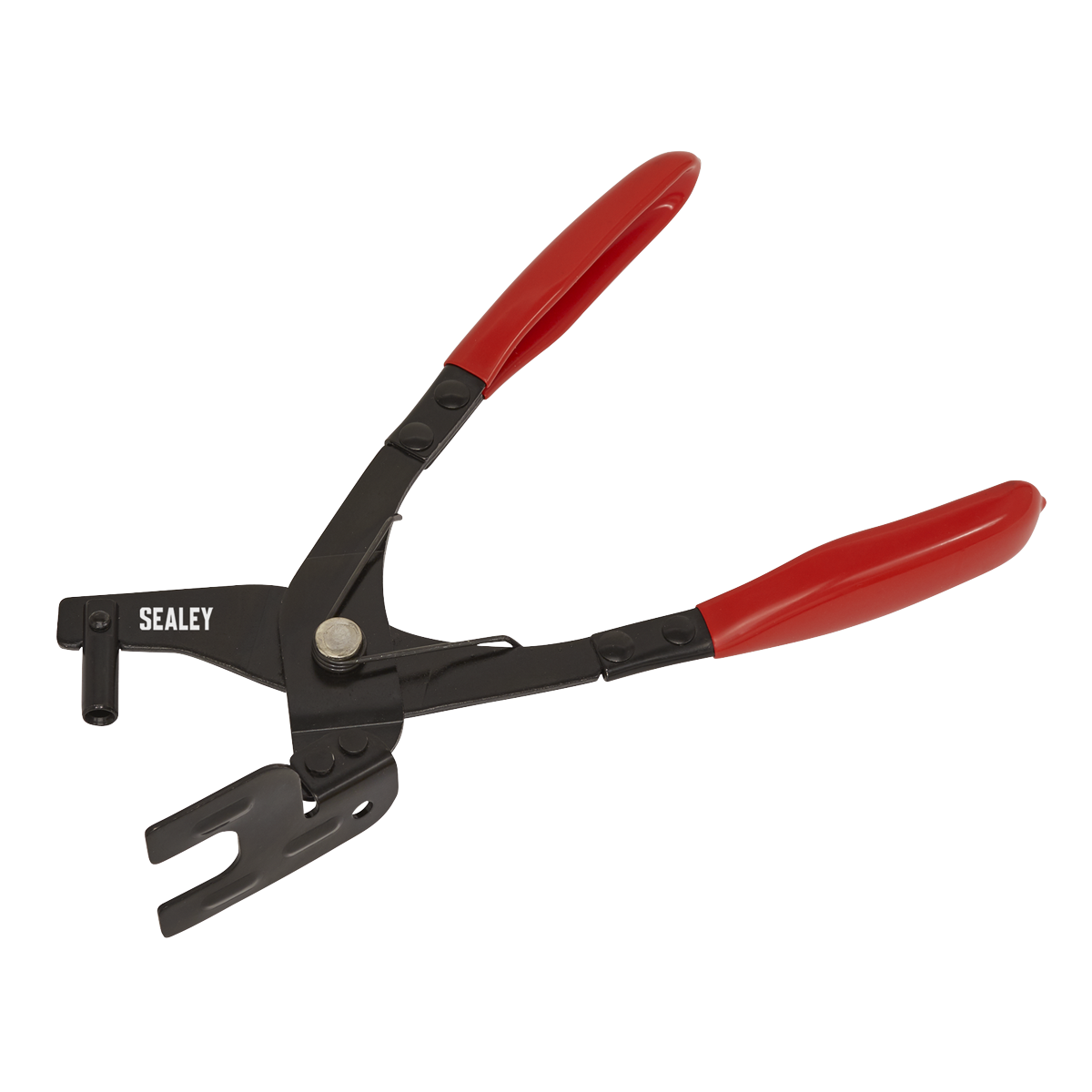 A pair of Sealey-branded Exhaust Hanger Removal Pliers (VS1631) featuring red handles and a black metal body, designed for automotive or mechanical use, perfect for tasks like exhaust bracket removal.