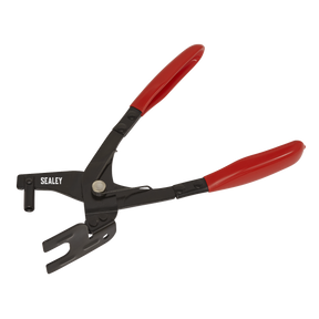 A pair of Sealey-branded Exhaust Hanger Removal Pliers (VS1631) featuring red handles and a black metal body, designed for automotive or mechanical use, perfect for tasks like exhaust bracket removal.