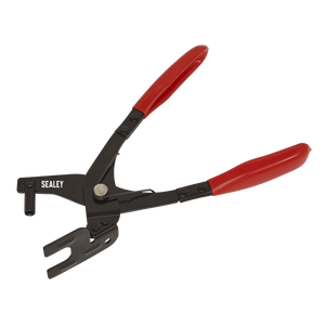 A pair of Sealey-branded Exhaust Hanger Removal Pliers (VS1631) featuring red handles and a black metal body, designed for automotive or mechanical use, perfect for tasks like exhaust bracket removal.