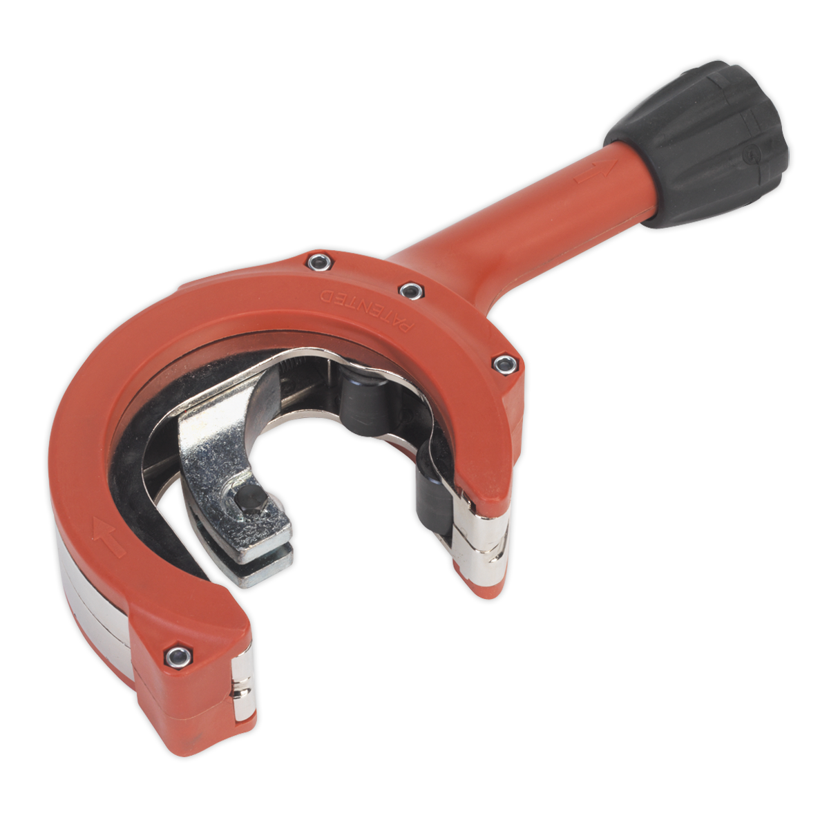 The Sealey Exhaust Pipe Cutter Ratcheting - VS16371 is a red and black handheld tool with a crescent-shaped blade and ergonomic handle, designed with a ratchet mechanism for precision cutting of stainless steel exhaust pipes.