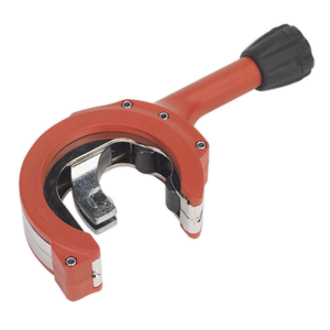 The Sealey Exhaust Pipe Cutter Ratcheting - VS16371 is a red and black handheld tool with a crescent-shaped blade and ergonomic handle, designed with a ratchet mechanism for precision cutting of stainless steel exhaust pipes.