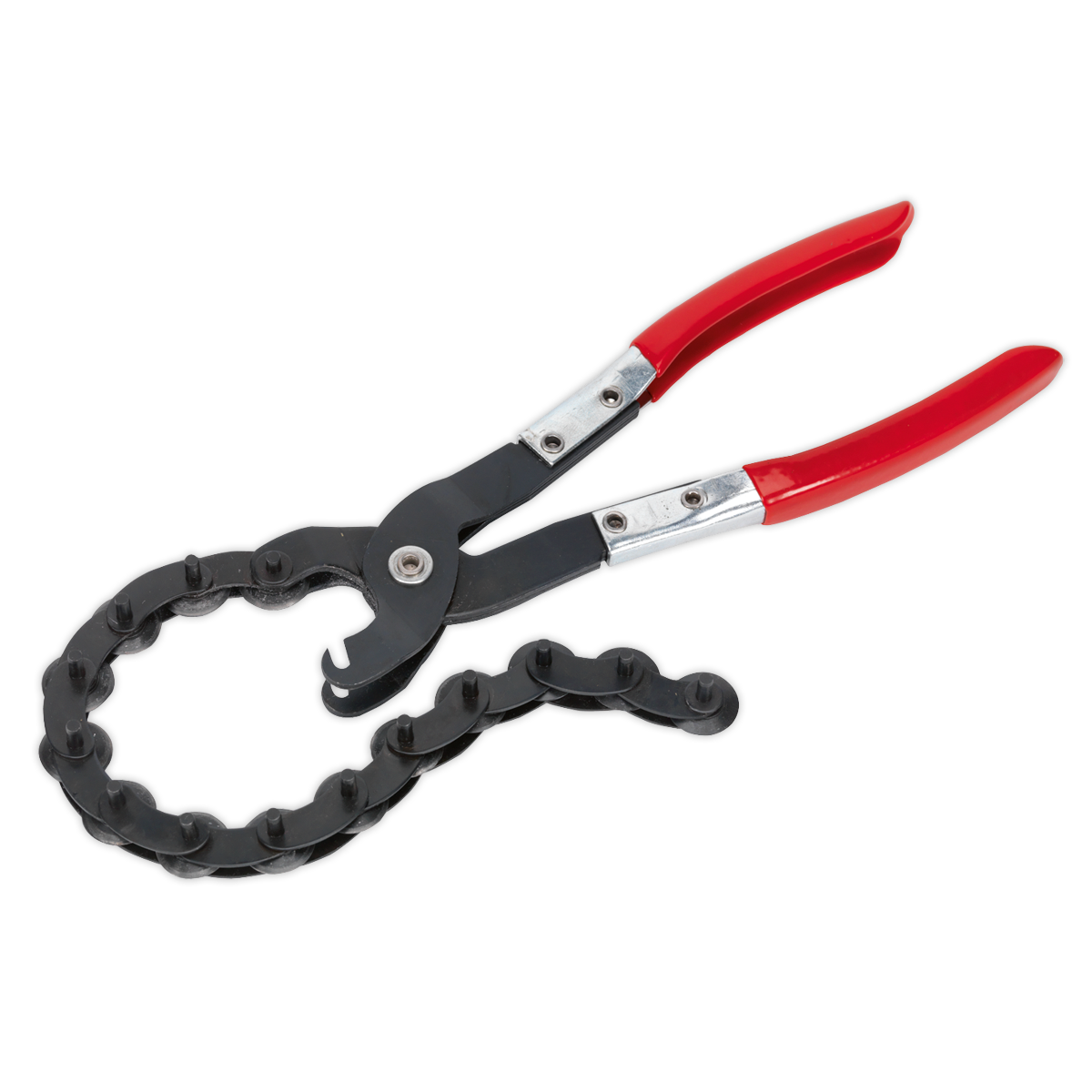 Exhaust Pipe Cutter Pliers - VS16372 by Sealey, featuring red handles and a black chain, are ideal for gripping and turning cylindrical objects in restricted spaces or when cutting exhaust pipes.