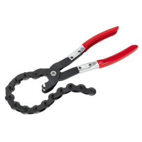 Exhaust Pipe Cutter Pliers - VS16372 by Sealey, featuring red handles and a black chain, are ideal for gripping and turning cylindrical objects in restricted spaces or when cutting exhaust pipes.