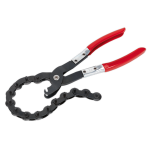 Exhaust Pipe Cutter Pliers - VS16372 by Sealey, featuring red handles and a black chain, are ideal for gripping and turning cylindrical objects in restricted spaces or when cutting exhaust pipes.