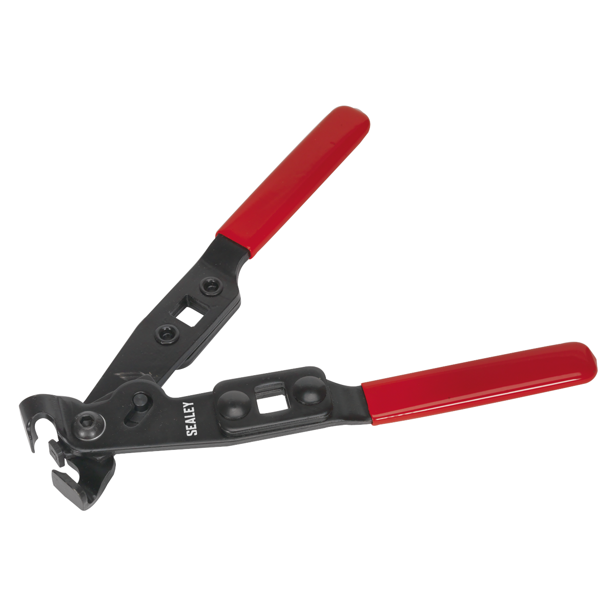 The Sealey Ear-Type Clip Pliers - Extra-Heavy-Duty, model VS1639, is a metal tool with red handles and steel jaws designed for gripping and manipulating objects such as CVJ boot clips.