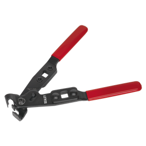 The Sealey Ear-Type Clip Pliers - Extra-Heavy-Duty, model VS1639, is a metal tool with red handles and steel jaws designed for gripping and manipulating objects such as CVJ boot clips.