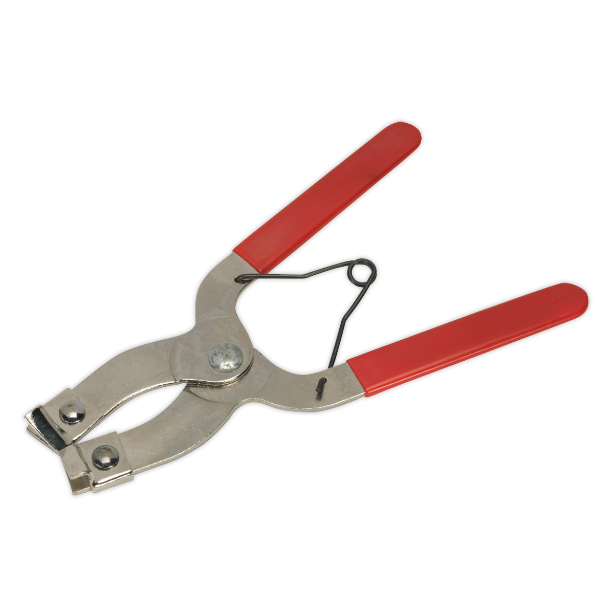 The Sealey Piston Ring Pliers 1.2-5mm Capacity - VS164 is a metal tool with vinyl gripped handles, resembling pliers, equipped with a spring-return mechanism for joining materials or affixing fasteners.