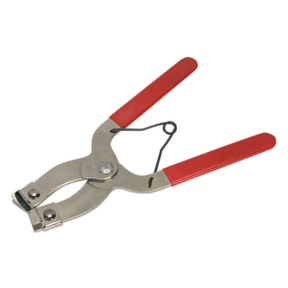 The Sealey Piston Ring Pliers 1.2-5mm Capacity - VS164 is a metal tool with vinyl gripped handles, resembling pliers, equipped with a spring-return mechanism for joining materials or affixing fasteners.