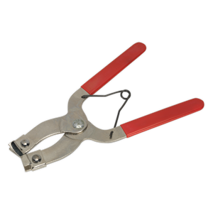 The Sealey Piston Ring Pliers 1.2-5mm Capacity - VS164 is a metal tool with vinyl gripped handles, resembling pliers, equipped with a spring-return mechanism for joining materials or affixing fasteners.