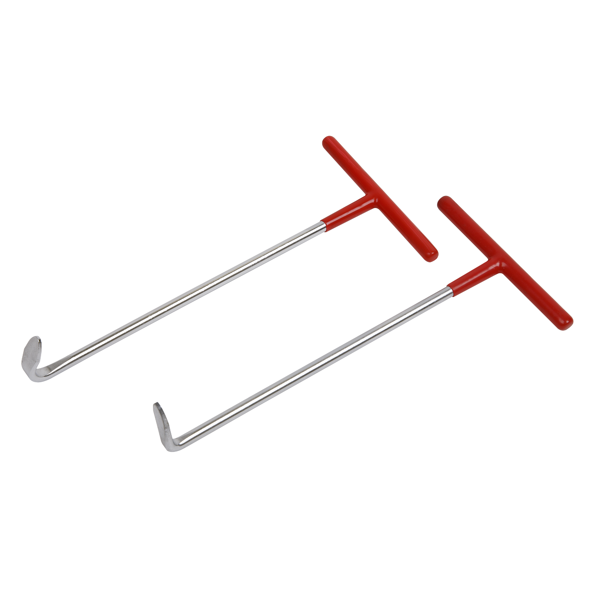 The Sealey Exhaust Puller Tool Set 2pc (VS1641) features two metal T-handle tools with red grips and hook ends, making them perfect for working on exhaust mounts.