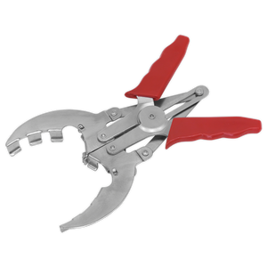 The Sealey Piston Ring Installation Pliers Ø40-100mm - VS1642, featuring red handles and curved, notched clamping jaws, are specifically designed for gripping and adjusting piston rings during installation or removal.