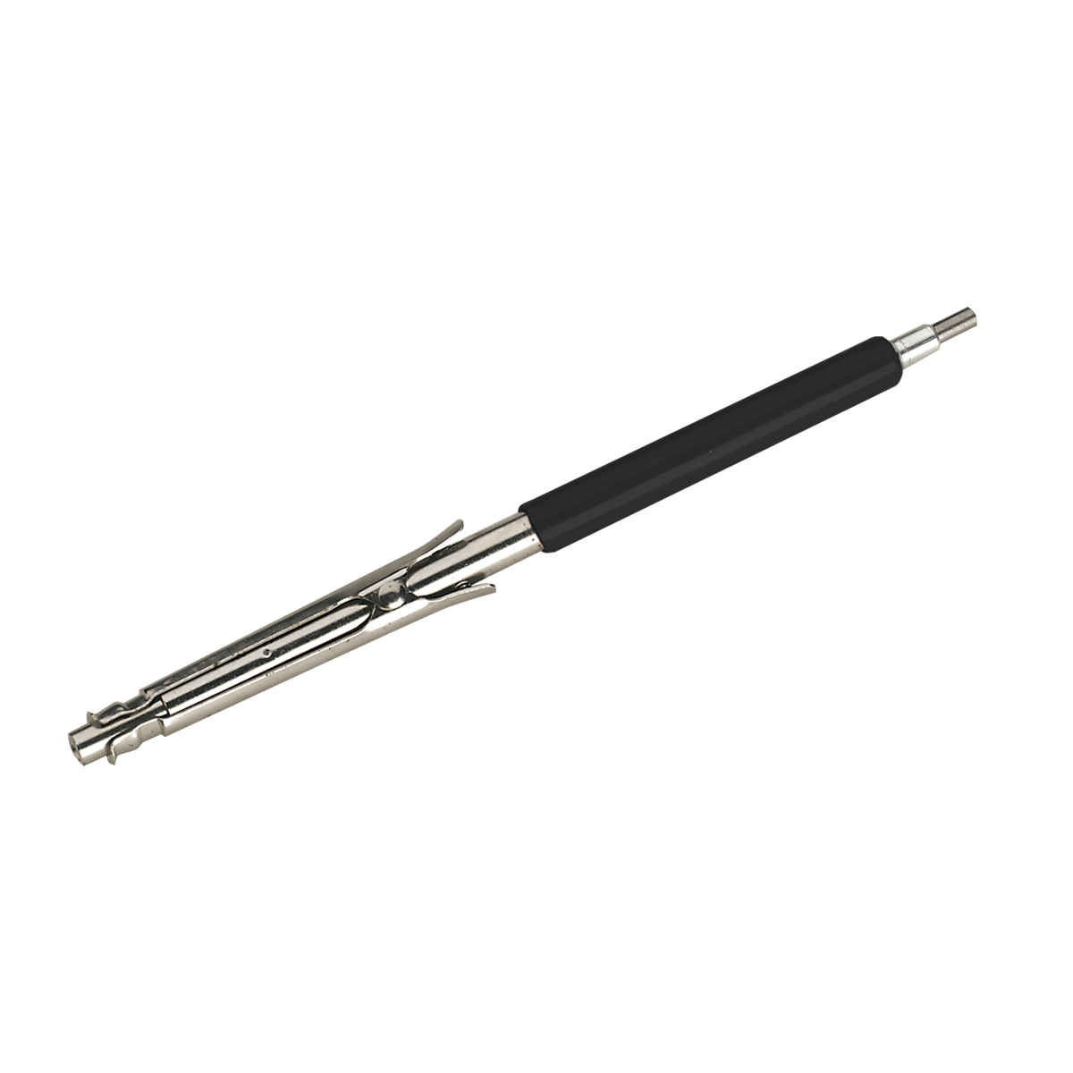 The Sealey Valve Collet Installer/Remover 8/16/24 Valve - VS1651 is a black and silver mechanical tool featuring a long cylindrical body with a black grip section and metal prongs extending from one end, specifically designed for handling valve spring collets.