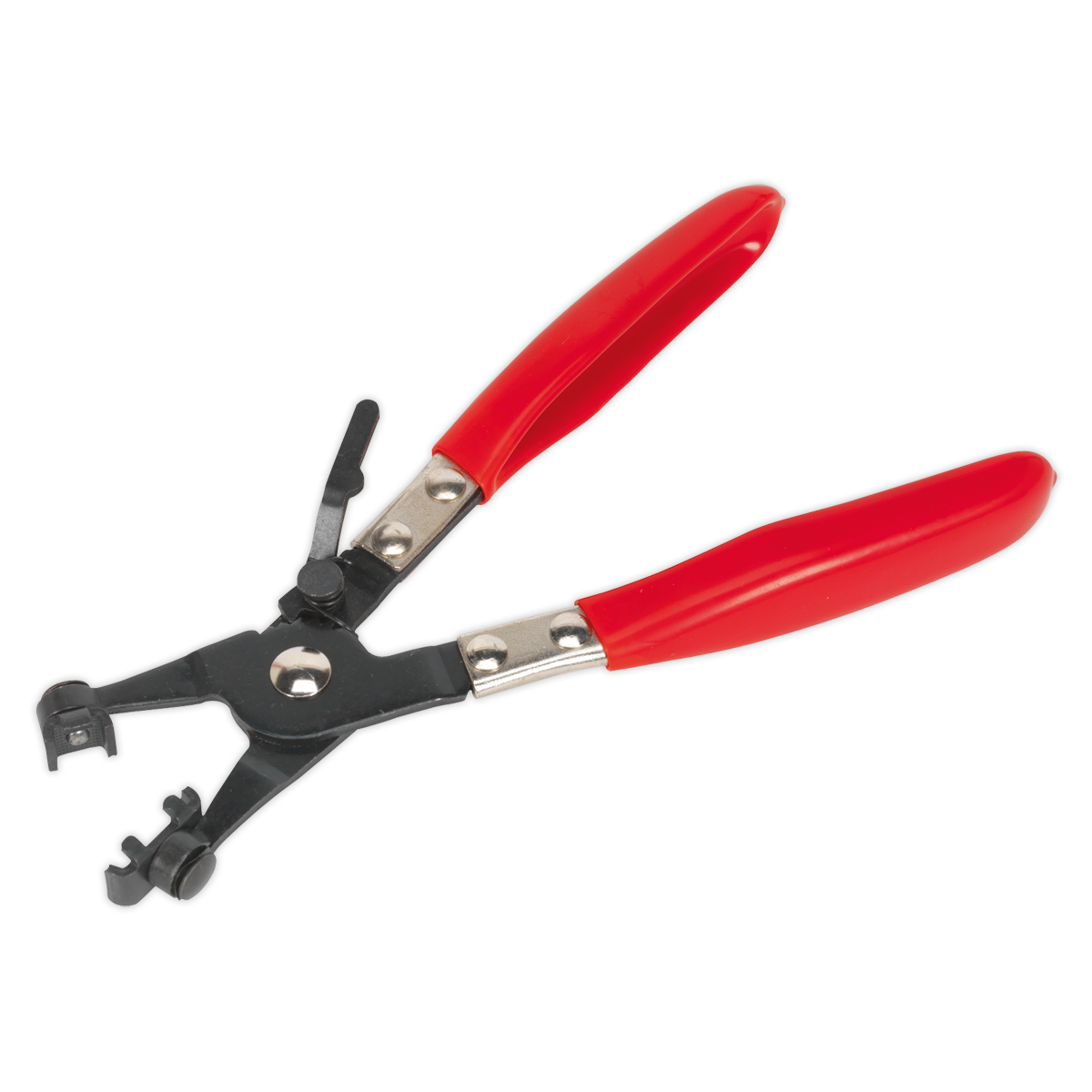 The Sealey Hose Clip Pliers Norma Type - VS166 are a pair of metal pliers with a black body and red plastic-coated handles, featuring swivel jaws and designed for crimping and wire stripping.