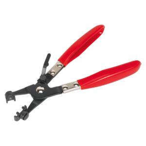 The Sealey Hose Clip Pliers Norma Type - VS166 are a pair of metal pliers with a black body and red plastic-coated handles, featuring swivel jaws and designed for crimping and wire stripping.