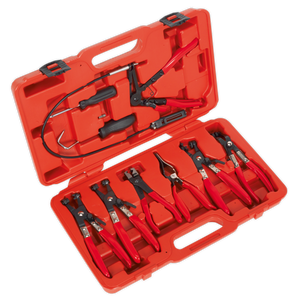 A red plastic case containing the Sealey Hose Clip Removal Tool Set 9pc - VS1662, featuring various tools with red, vinyl-dipped handles and hose clip tools neatly arranged inside.