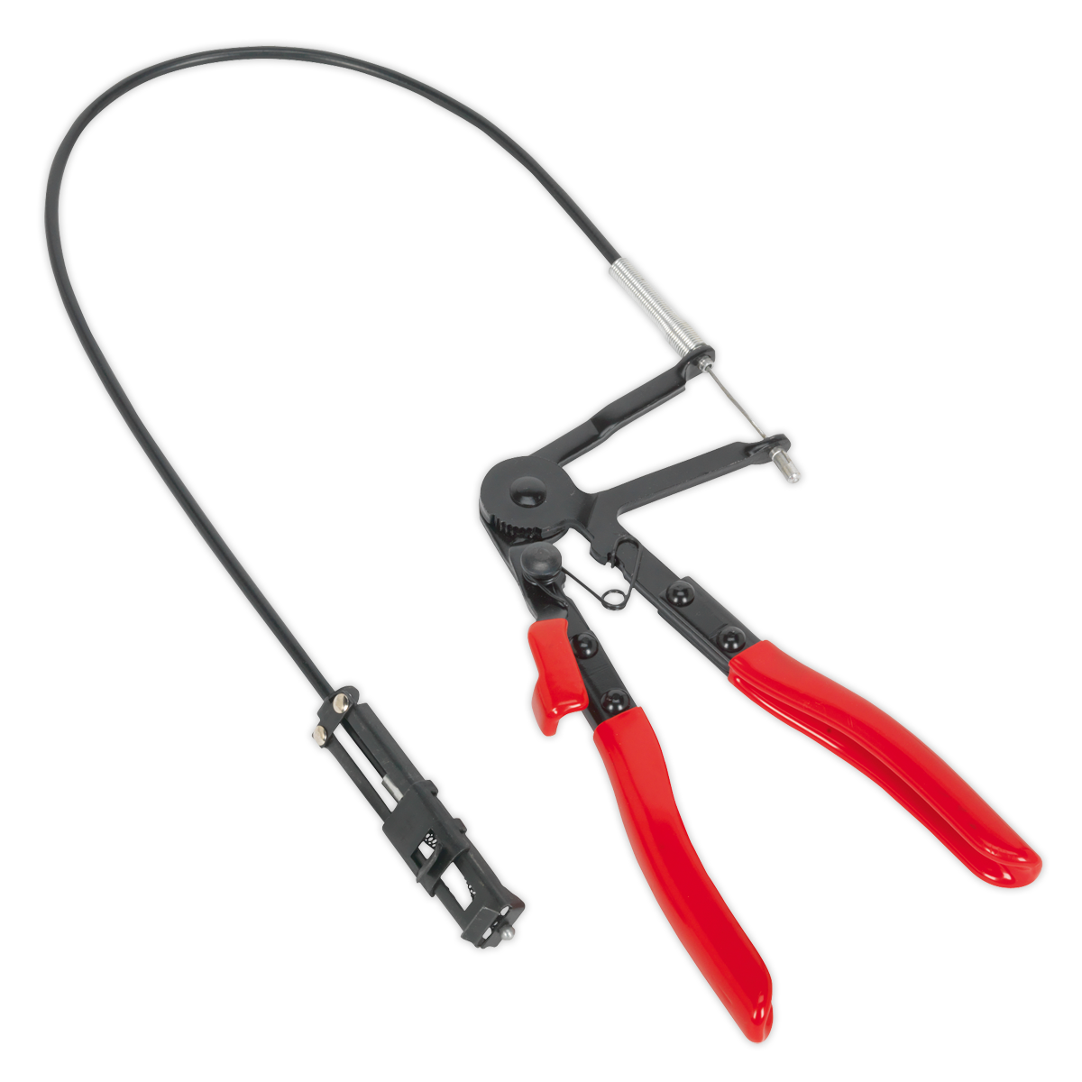 The Sealey Remote Action Hose Clip Tool - VS1663 features red handles and is perfect for removing and installing self-tightening hose clamps in confined spaces. This long-reach tool is ideal for accessing hard-to-reach hose clips.