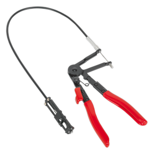 The Sealey Remote Action Hose Clip Tool - VS1663 features red handles and is perfect for removing and installing self-tightening hose clamps in confined spaces. This long-reach tool is ideal for accessing hard-to-reach hose clips.