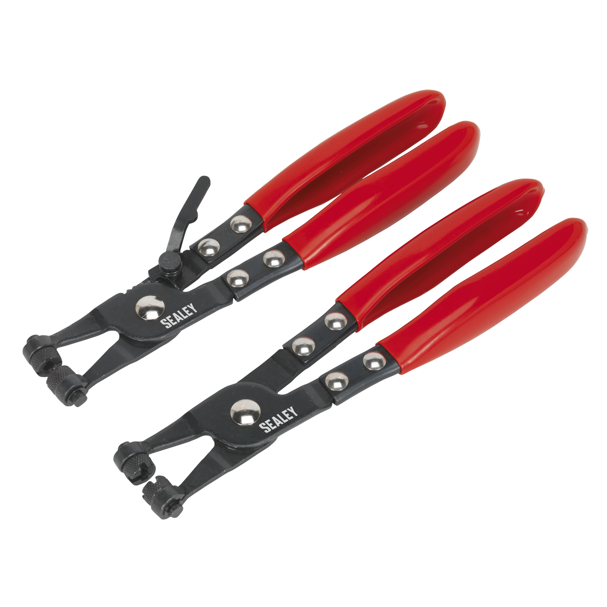 Two Sealey Hose Clip Pliers from the VS1665 set with PVC dipped red handles are laid out next to each other, featuring angled and straight tips, showcasing their heavy-duty construction.