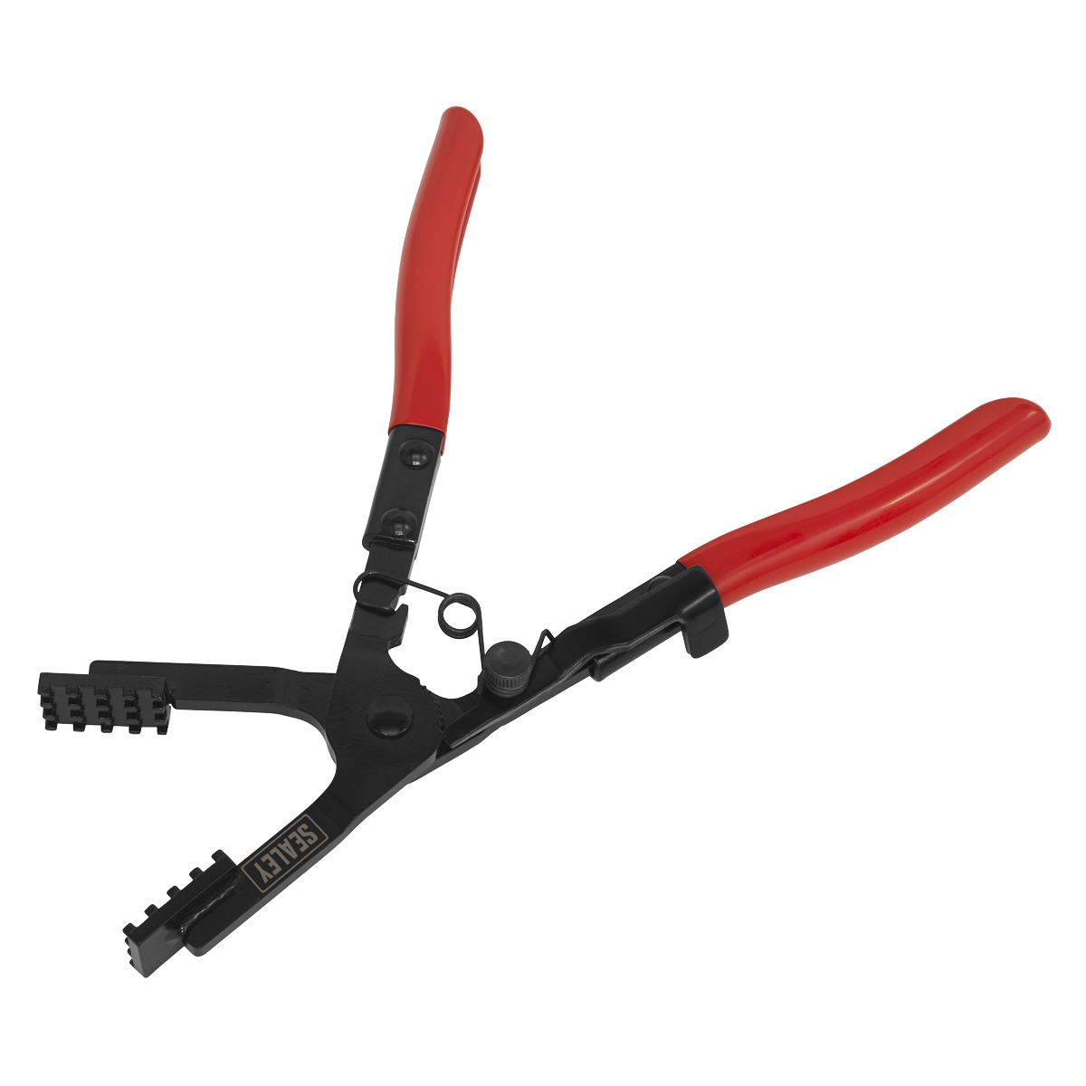 The Sealey Angled Hose Clamp Pliers - VS1677 features red handles and a black body with a spring-loaded locking function for efficiently tightening and cutting cable ties. The angled head design ensures precision, making it ideal for vehicle hose clamps.