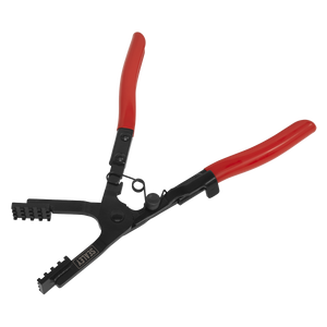 The Sealey Angled Hose Clamp Pliers - VS1677 features red handles and a black body with a spring-loaded locking function for efficiently tightening and cutting cable ties. The angled head design ensures precision, making it ideal for vehicle hose clamps.