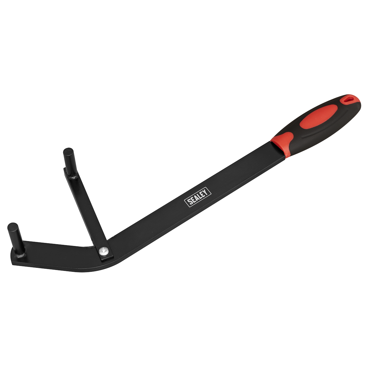 The Sealey Camshaft Positioning Tool - VS173 is a black and red hand tool featuring a long handle with two prongs at the end, designed for gripping objects. It is adjustable to fit most engines.