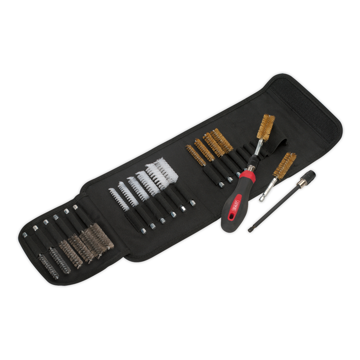 Open Sealey Cleaning & Decarbonising Brush Set 20pc (VS1800) displaying various wire brushes, a red-handled brush, and a small metal tool for cleaning and decarbonising.