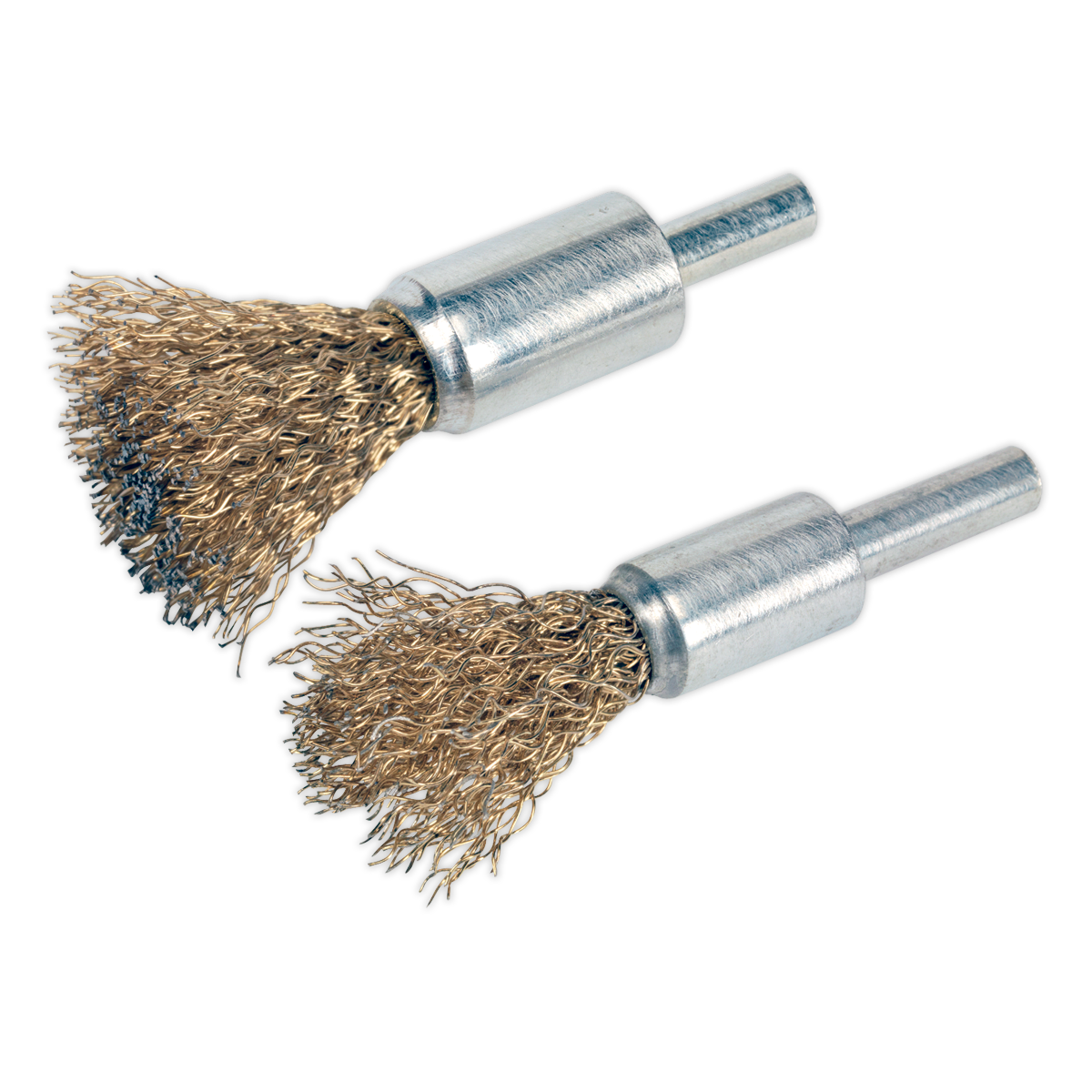 Two cylindrical metal wire brush drill attachments with brassed steel bristles, perfect for decarbonising cylinder head ports. These are part of the Sealey Decarbonising Brush Set 2pc - VS1801.