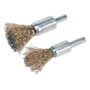 Two cylindrical metal wire brush drill attachments with brassed steel bristles, perfect for decarbonising cylinder head ports. These are part of the Sealey Decarbonising Brush Set 2pc - VS1801.