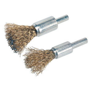 Two cylindrical metal wire brush drill attachments with brassed steel bristles, perfect for decarbonising cylinder head ports. These are part of the Sealey Decarbonising Brush Set 2pc - VS1801.