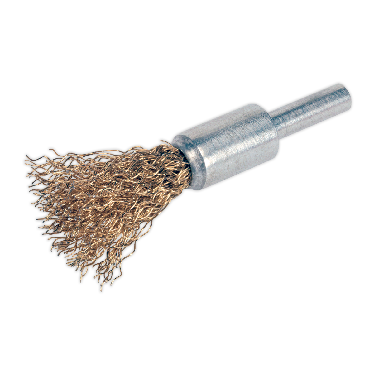 The Flat Top Decarbonising Brush 13mm - VS1802 by Sealey is a cylindrical metal brush equipped with brassed and crimped filaments, twisted bristles, and a straight metal handle, designed for cleaning or polishing tasks.