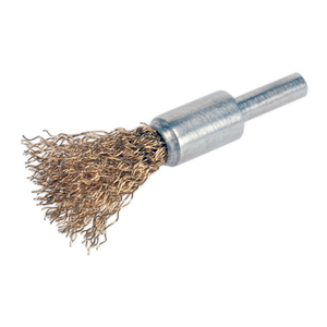 The Flat Top Decarbonising Brush 13mm - VS1802 by Sealey is a cylindrical metal brush equipped with brassed and crimped filaments, twisted bristles, and a straight metal handle, designed for cleaning or polishing tasks.