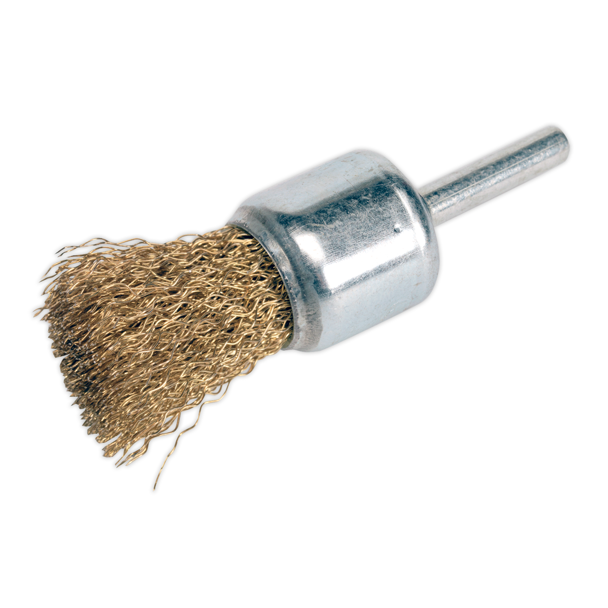 The Sealey Flat Top Decarbonising Brush 25mm - VS1803 is a metal wire brush attachment featuring a cylindrical handle and crimped filaments, designed for cleaning or polishing surfaces, machinery, and tools.