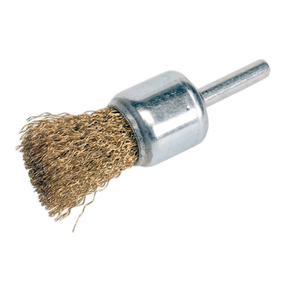 The Sealey Flat Top Decarbonising Brush 25mm - VS1803 is a metal wire brush attachment featuring a cylindrical handle and crimped filaments, designed for cleaning or polishing surfaces, machinery, and tools.