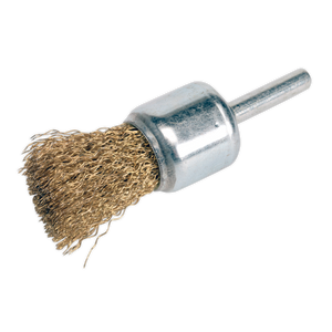 The Sealey Flat Top Decarbonising Brush 25mm - VS1803 is a metal wire brush attachment featuring a cylindrical handle and crimped filaments, designed for cleaning or polishing surfaces, machinery, and tools.