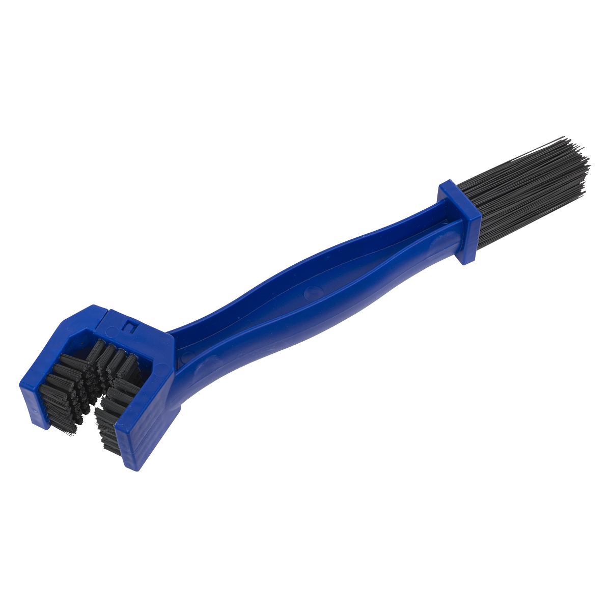 The Sealey Motorcycle Chain Brush - VS1804 is a versatile blue plastic brush suitable for all chain types, featuring bristles on both ends. One end has a U-shaped brush, while the other is equipped with an angled chain brush.