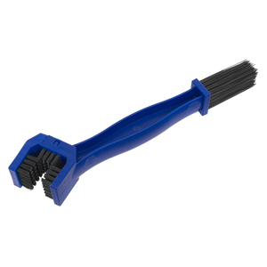 The Sealey Motorcycle Chain Brush - VS1804 is a versatile blue plastic brush suitable for all chain types, featuring bristles on both ends. One end has a U-shaped brush, while the other is equipped with an angled chain brush.