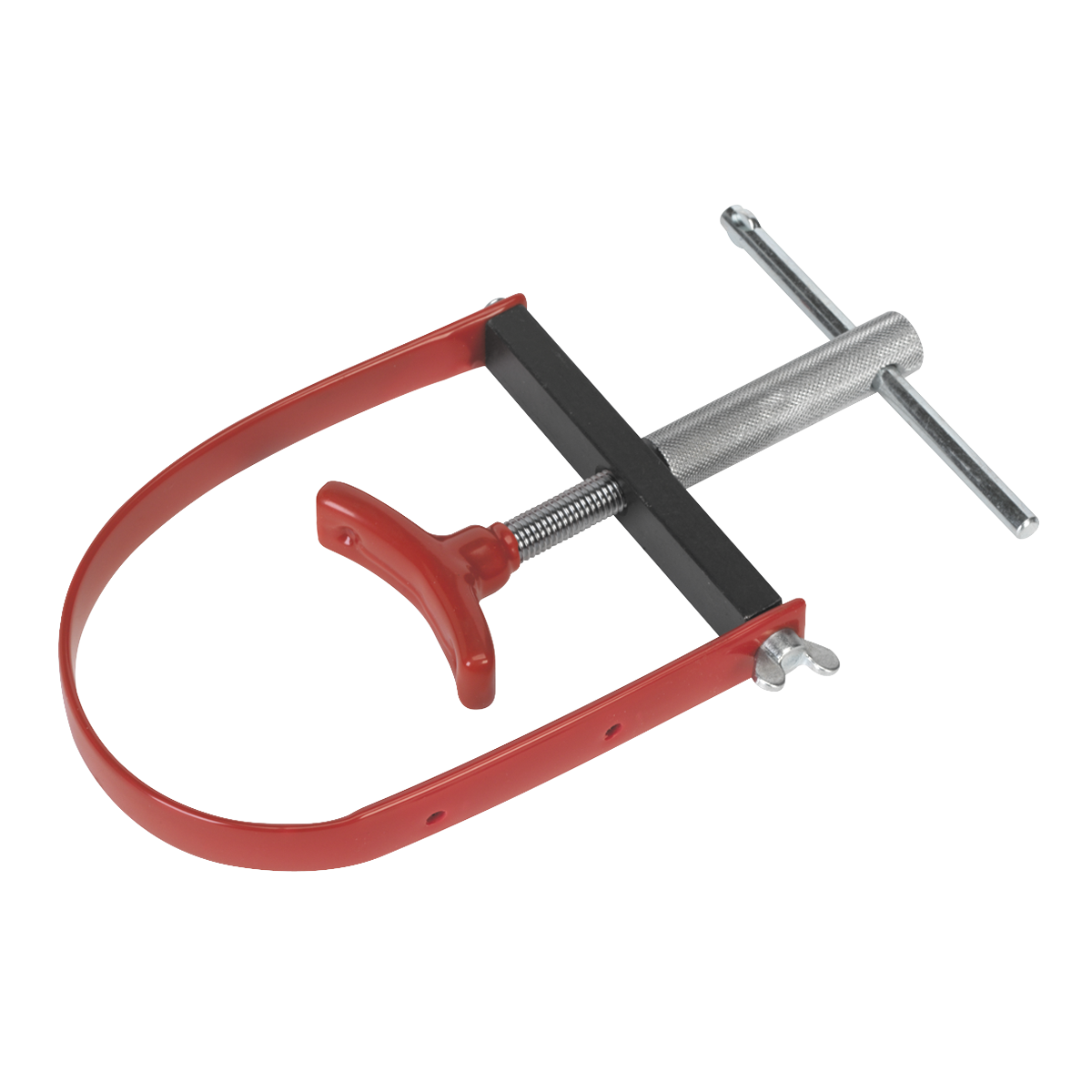 The Sealey Motorcycle Pulley Holder Ø45-120mm - VS1811 in red and silver features an adjustable screw mechanism, making it perfect for tightening or holding objects in place during motorcycle maintenance or clutch pulley adjustments.