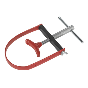 The Sealey Motorcycle Pulley Holder Ø45-120mm - VS1811 in red and silver features an adjustable screw mechanism, making it perfect for tightening or holding objects in place during motorcycle maintenance or clutch pulley adjustments.
