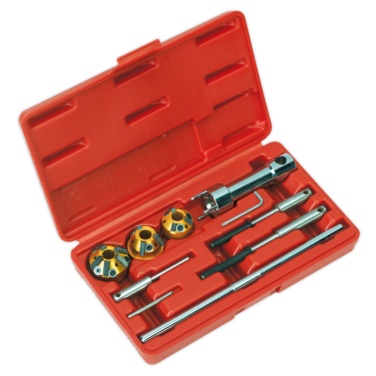 The Sealey Valve Seat Cutter Set 10pc - VS1823 comes in a red plastic case and includes various tools such as a ratchet handle, multiple sockets, extension bars, and double end cutters, all neatly organized in designated slots.