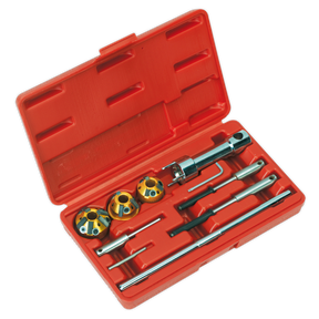 The Sealey Valve Seat Cutter Set 10pc - VS1823 comes in a red plastic case and includes various tools such as a ratchet handle, multiple sockets, extension bars, and double end cutters, all neatly organized in designated slots.