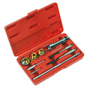 The Sealey Valve Seat Cutter Set 10pc - VS1823 comes in a red plastic case and includes various tools such as a ratchet handle, multiple sockets, extension bars, and double end cutters, all neatly organized in designated slots.