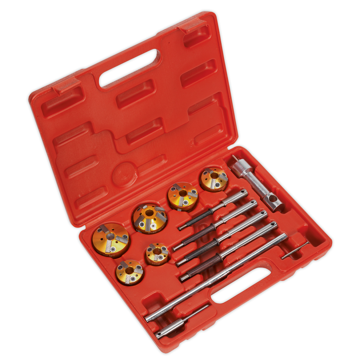 The Sealey Valve Seat Cutter Set 14pc - VS1825 features a durable red plastic case that includes a set of drill bits, a valve seat cutter with tungsten carbide cutting blades, and various other tools, all organized neatly in molded slots.